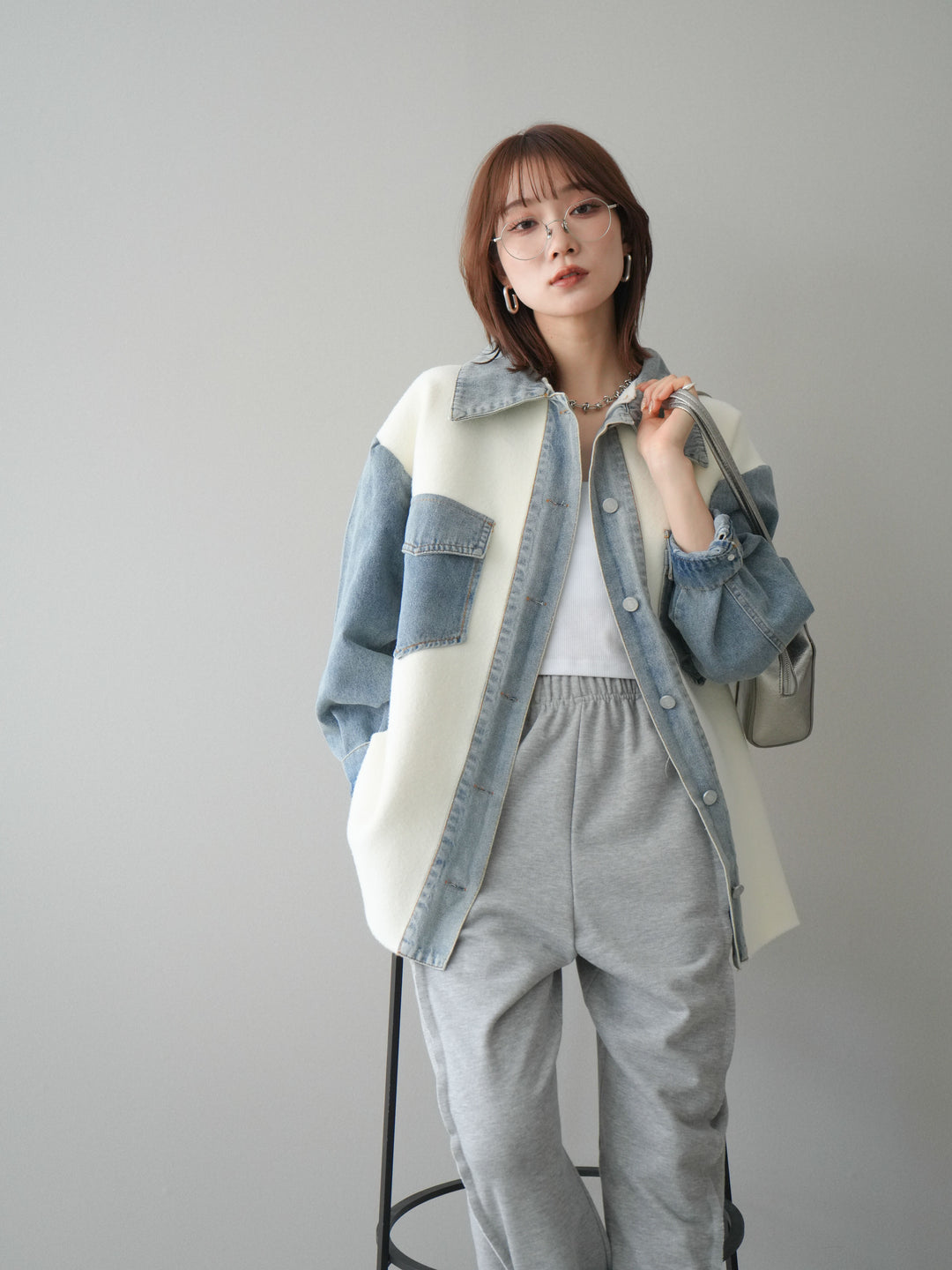 [予約]デニム襟ダブルフェイスニットカーディガン/white