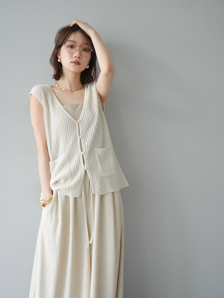 [SET] 波浪夏季針織背心+柳葉寬腿褲（2件套）