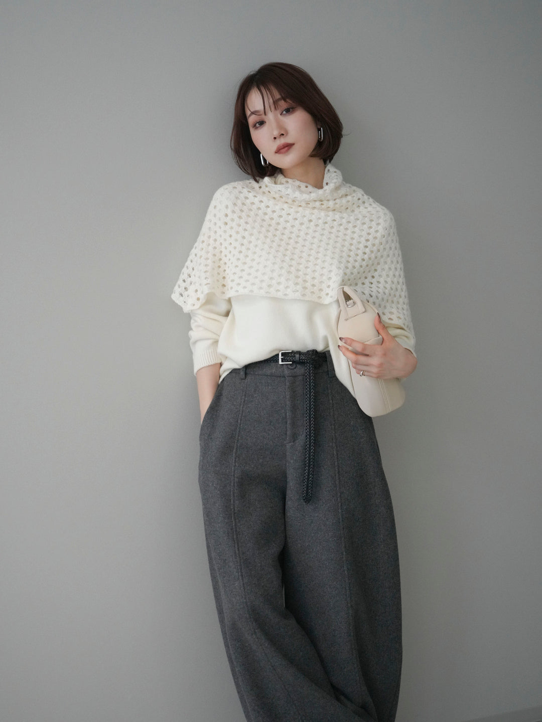 [予約]メッシュケープアンサンブルニットプルオーバー/white