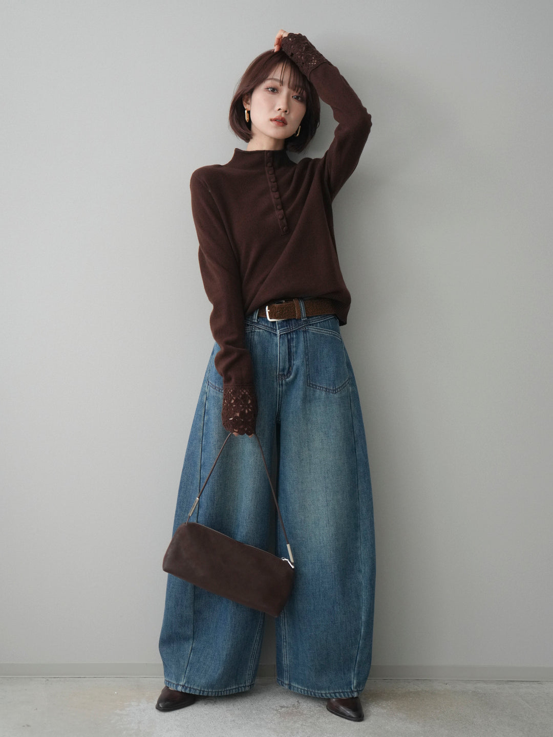 [SET]袖スカラップレースフロントボタンウールニットトップス+ベルト付裏起毛カーブデニムパンツ(2set)