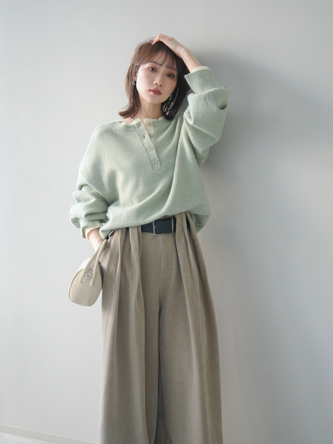 [予約]ヘンリーネック配色レイヤードニットプルオーバー/mint