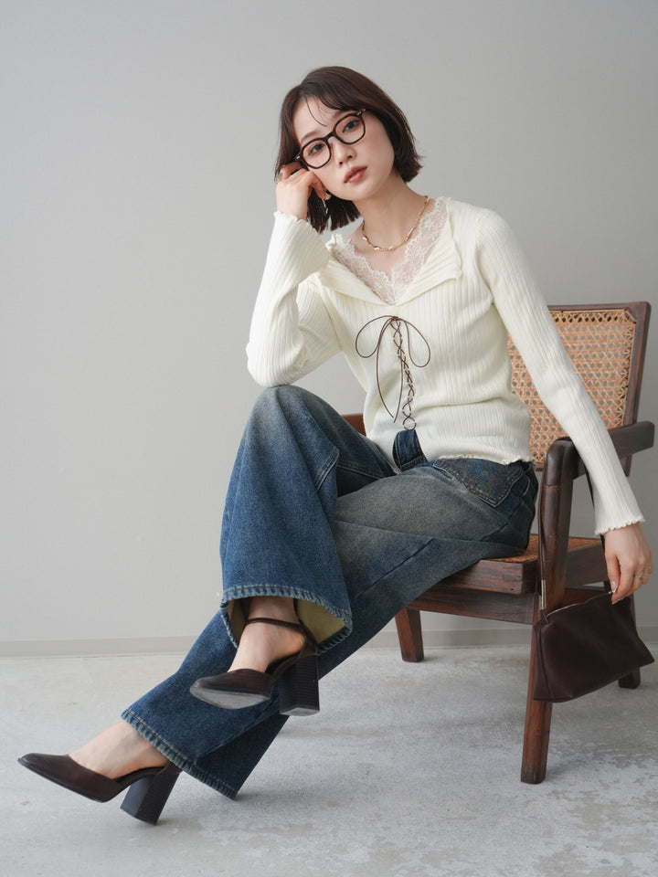 [予約]レースネックレースアップリブニットトップス/ivory