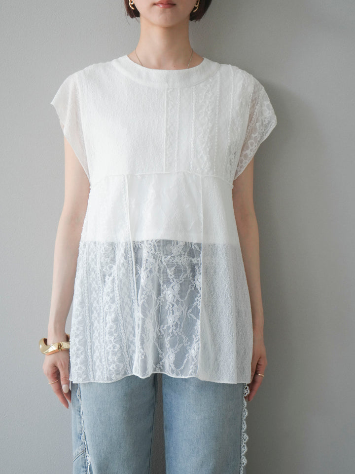 【預購】拼布蕾絲法式套頭衫/白色