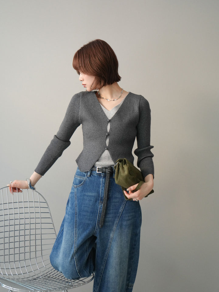 [予約]Vネック配色レイヤードスリットニットトップス/charcoal