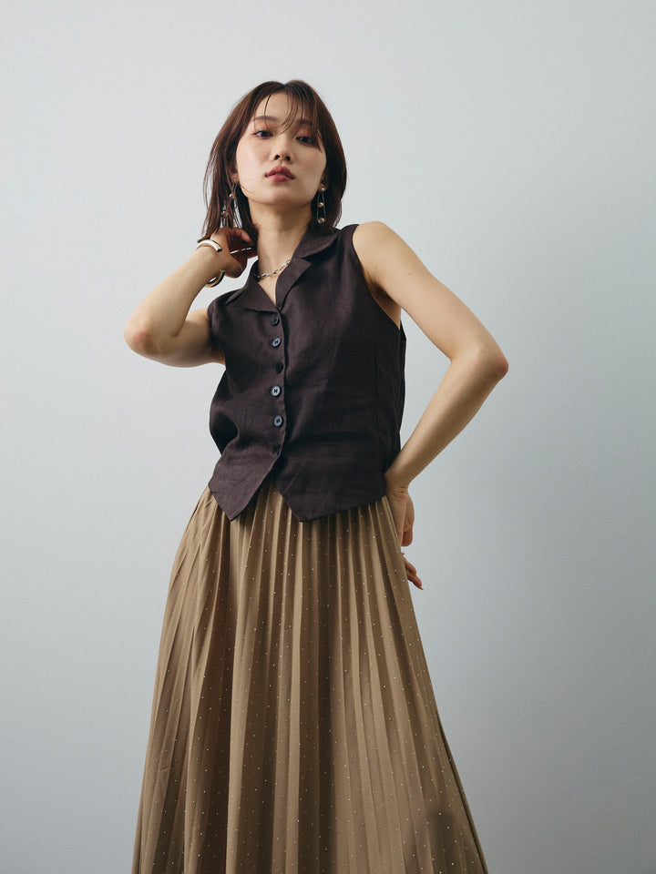 [予約]リネンライクテーラードジレ/ブラウン