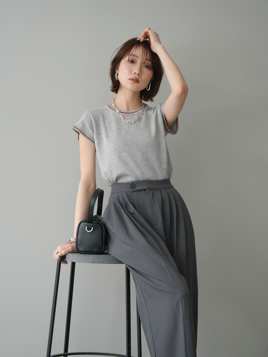 [SET]配色ハーフスリーブニットトップス+メニータックワイドパンツ(2set)