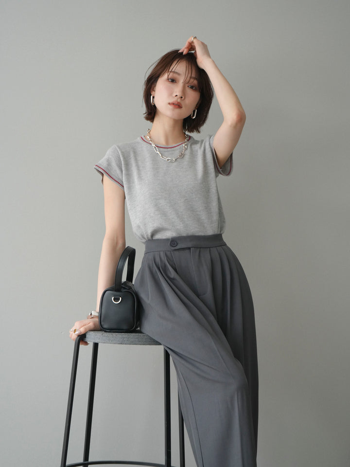[SET]配色ハーフスリーブニットトップス+メニータックワイドパンツ(2set)