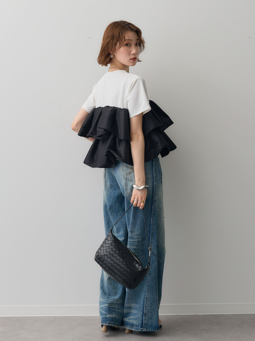 [SET]フリルティアードTEE+縦ウォッシュワイドデニムパンツ(2set)