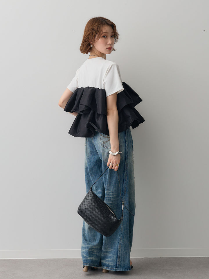 [SET]フリルティアードTEE+縦ウォッシュワイドデニムパンツ(2set)