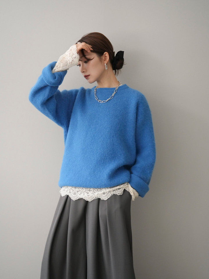 [SET]アンゴラタッチクルーネックニットプルオーバー+テープベルトタックバギーパンツ(2set)