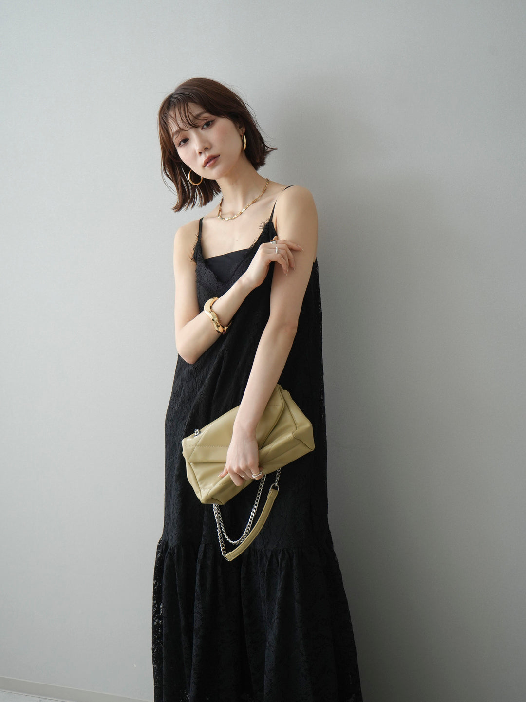 [予約]ギャザー切替レースキャミワンピース/black