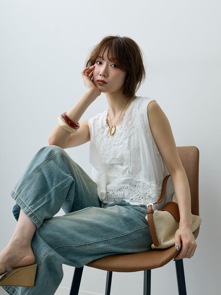 [SET]アンティークレースノースリトップス+選べるアクセセット(2set)