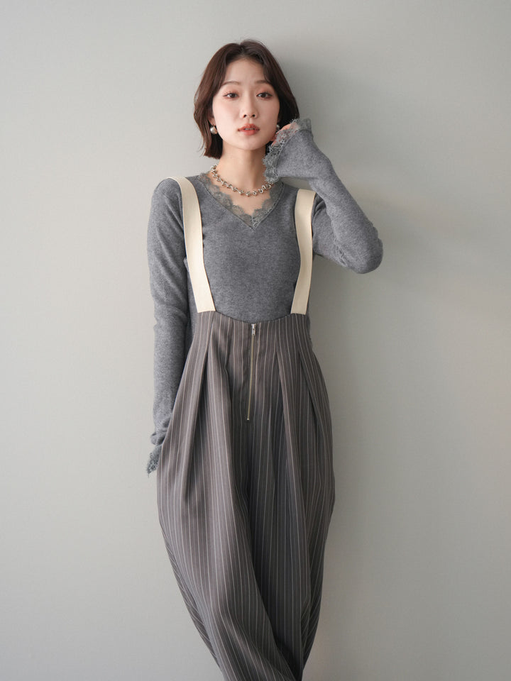 [予約]レースドッキングVネックニットトップス/gray