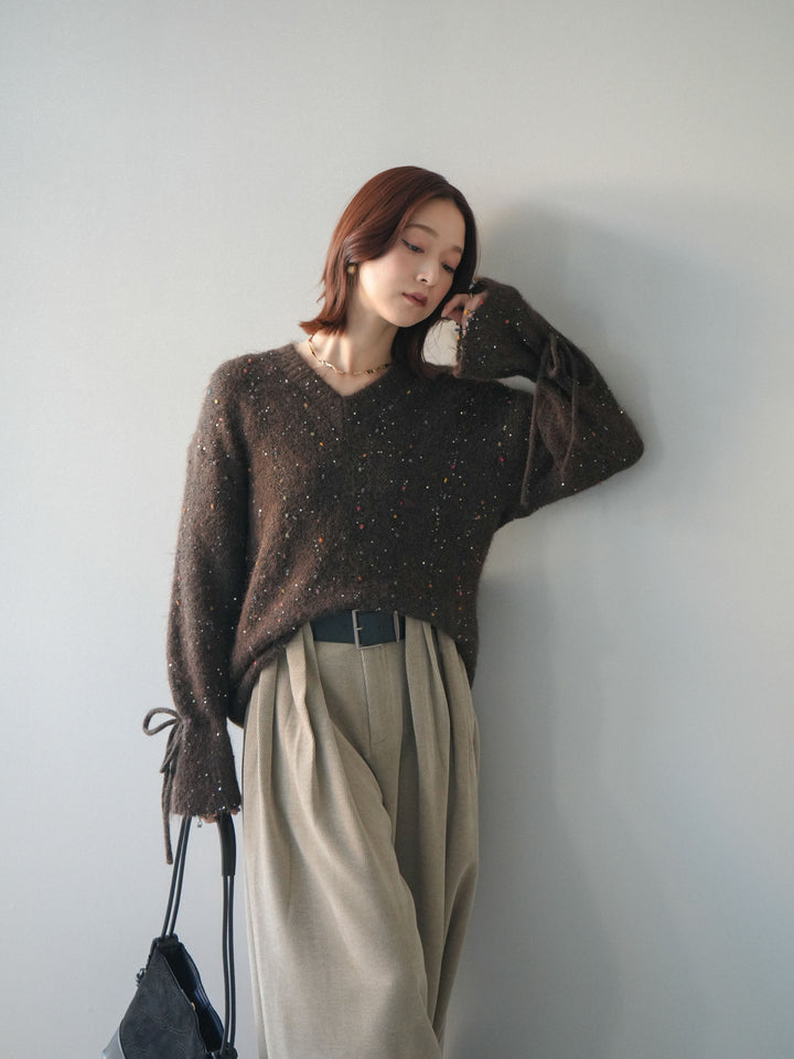 [SET]キャンディースリーブカラーネップスパンコールニットプルオーバー+ベルトデザインループコールテンワイドパンツ(ベルト付き)(2set)