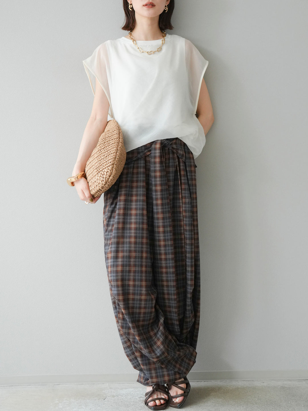 [予約]チェック柄ウエスト巻きドロストパンツ/ブラウン