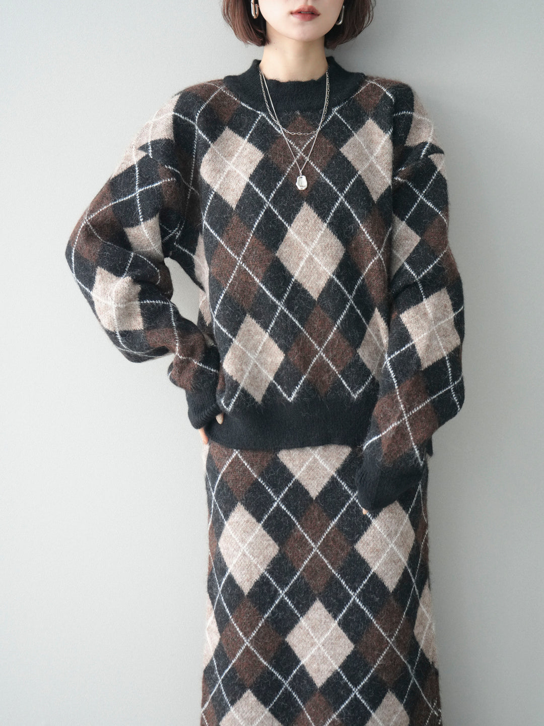 [SET]アーガイルニットプルオーバー&ロングスカートSET UP(2set)