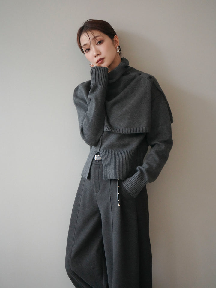 [予約]フロントスリットネックアンサンブルニット/charcoal