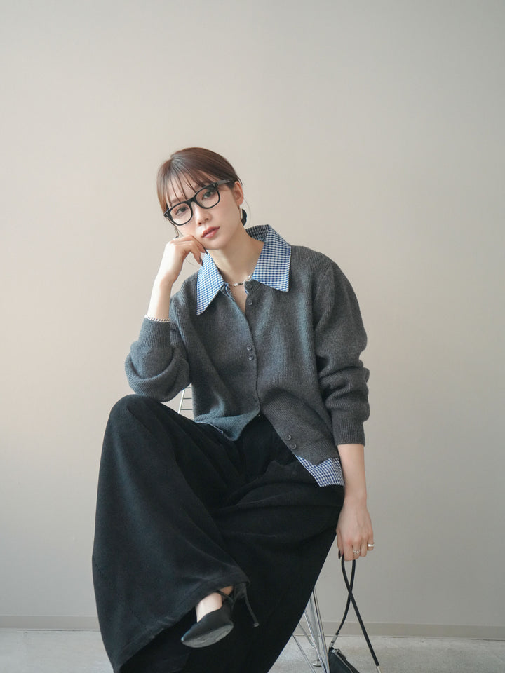 [予約]チェックシャツ襟ニットカーディガン/darkgray