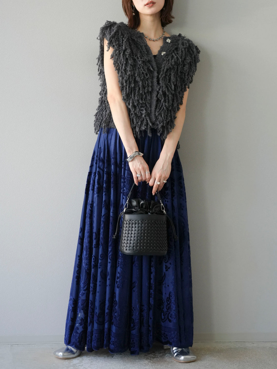 [SET]フリンジループニットベスト+アンティーク柄フロッキーマキシスカート(2set)