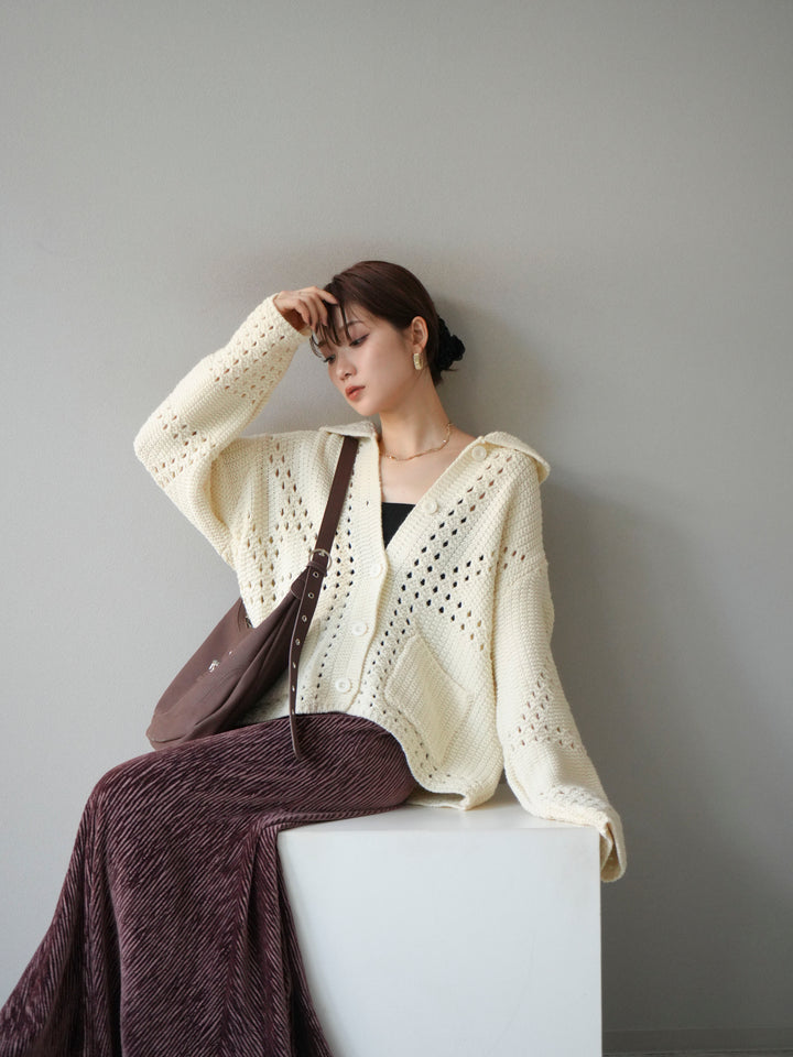 [予約]丸襟透かし編みニットカーディガン/オフ