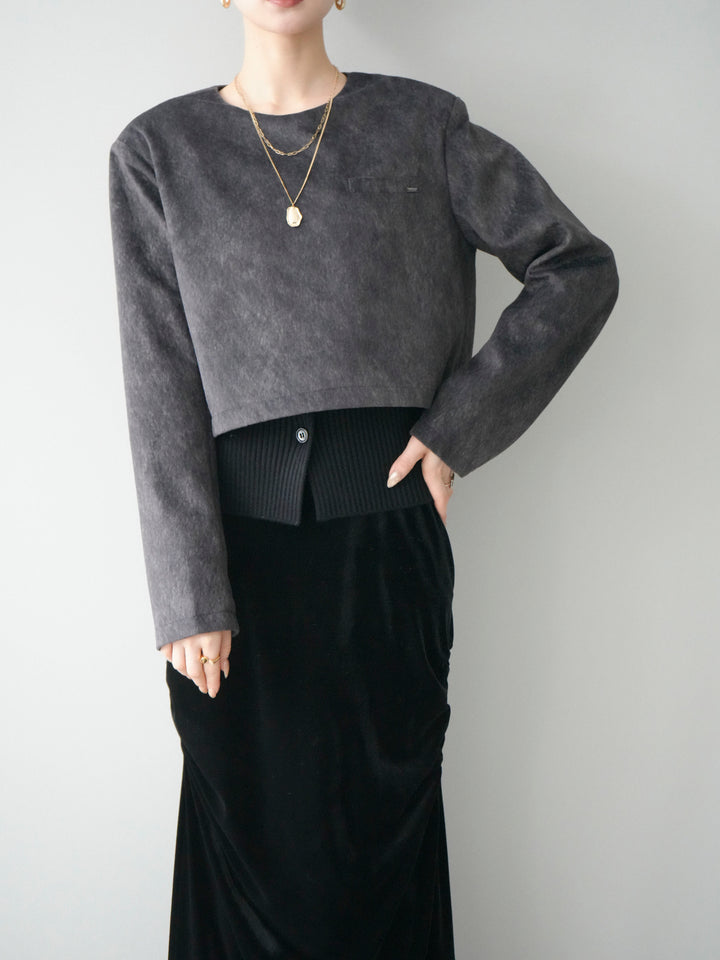 [予約]リブニットレイヤードスエードプルオーバー/charcoal