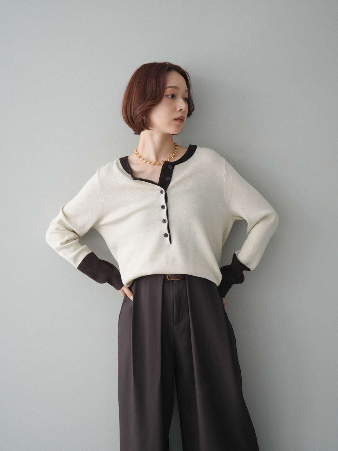 [SET]ヘンリーネック配色ニットソー+ベルトループデザインワイドパンツ(2set)