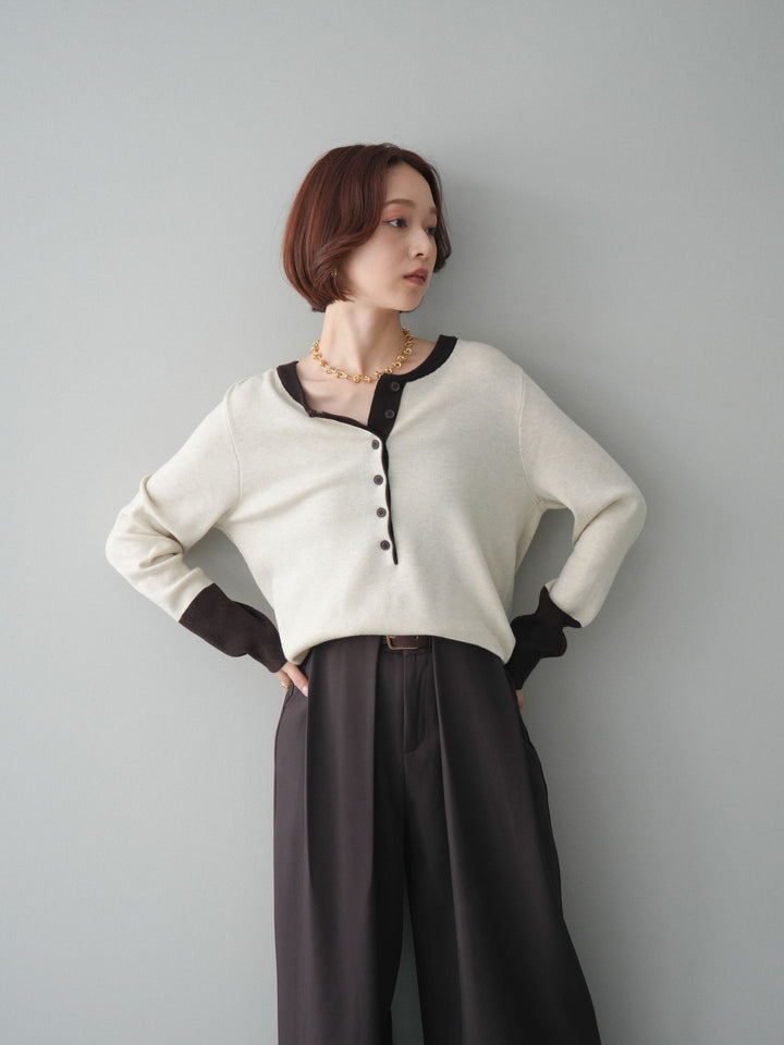 [SET]ヘンリーネック配色ニットソー+ベルトループデザインワイドパンツ(2set)