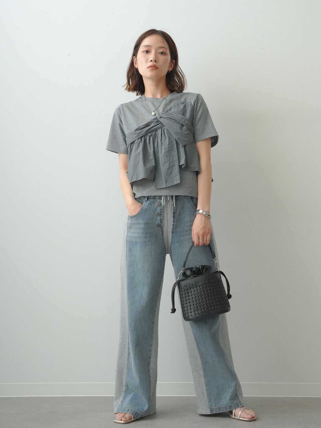 [SET]ナイロンドッキングツイストTEE +デニム切替スウェットパンツ(2set)