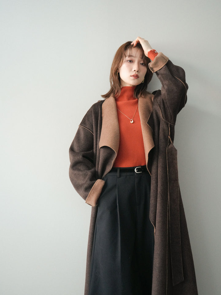 [予約]ダブルフェイスバイカラーロングコート/brown