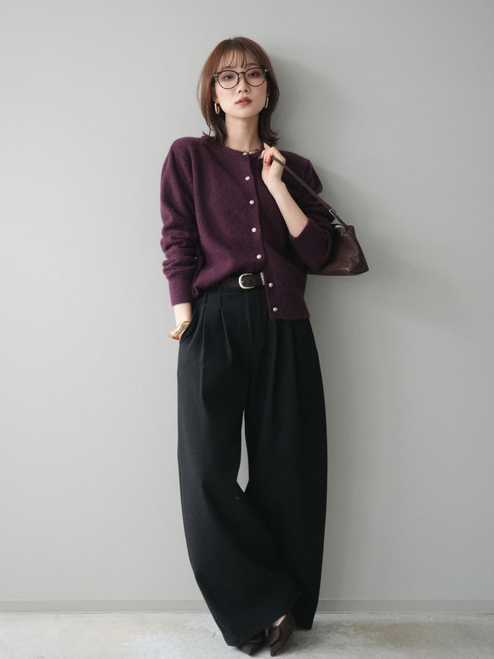 [SET]アンティークボタンニットカーディガン+アニマル柄ベルト付きウールタッチワイドパンツ(2set)