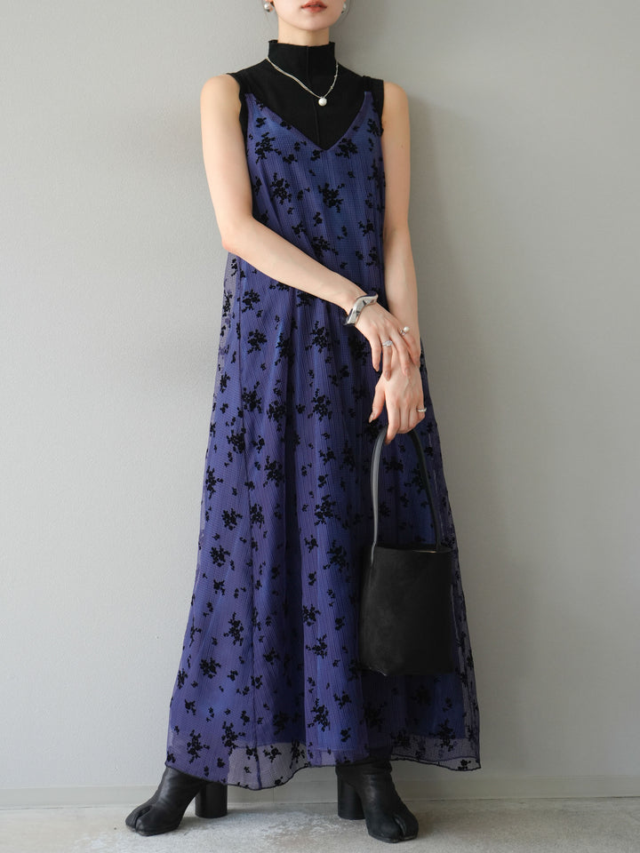 [SET]フロッキーチュールレイヤードベロアキャミワンピース+プチネックセンターシームノースリーニットトップス(2set)