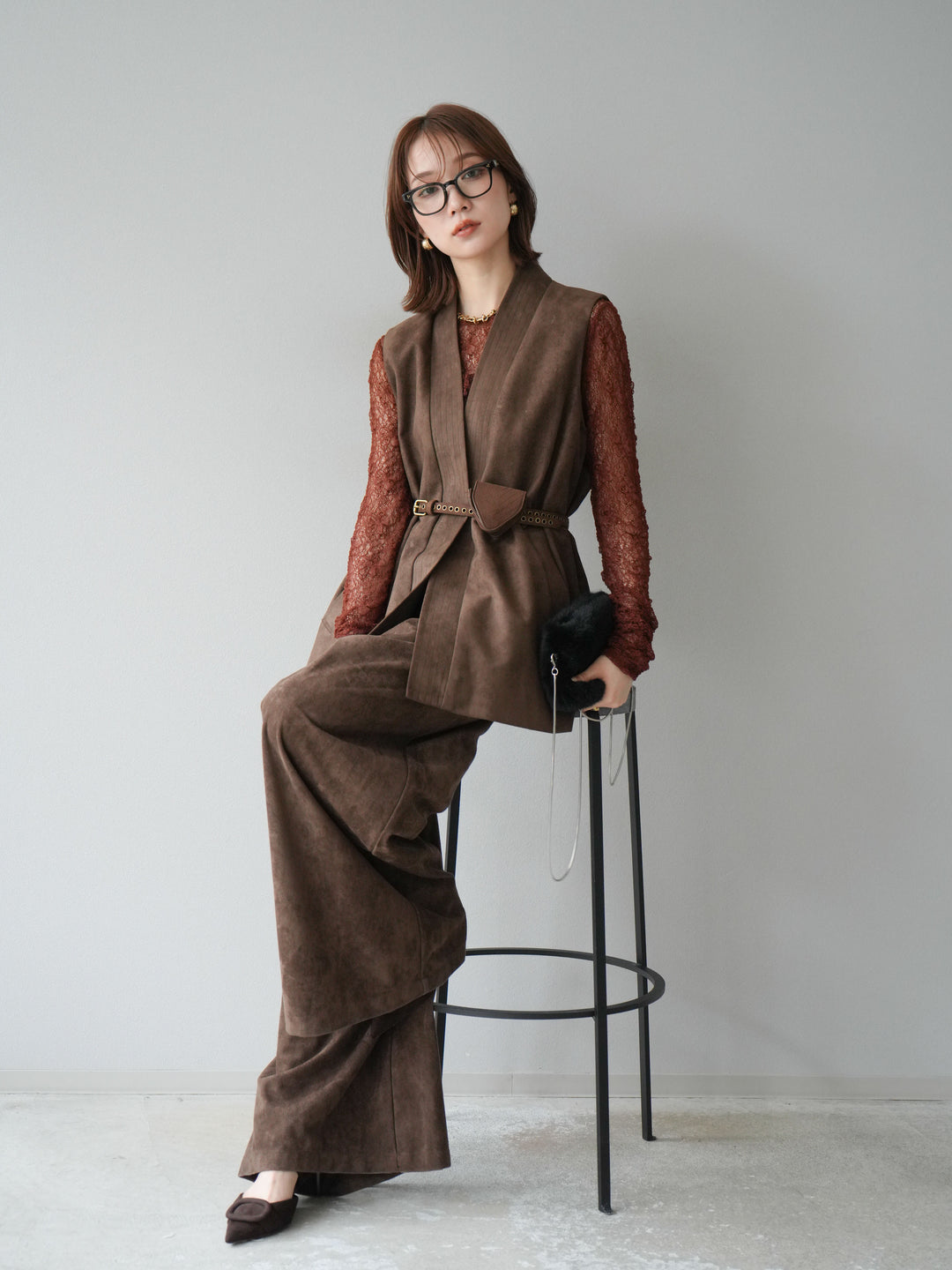 [SET]ポーチベルト付スウェードジレ×パンツSET UP(2set)