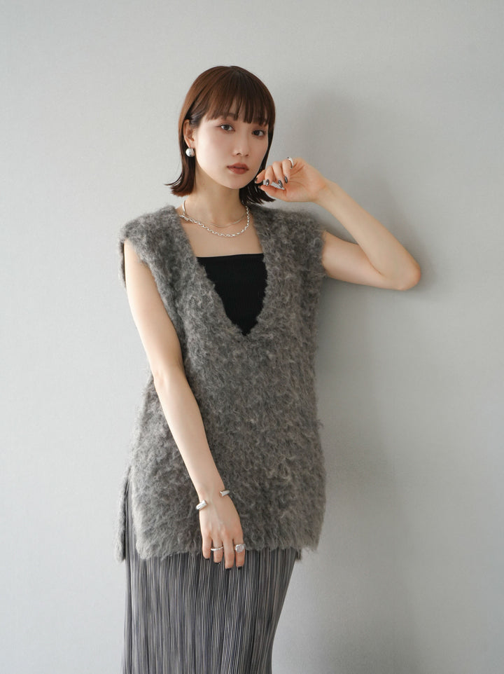 [予約]ウール混ミックスヤーンニットベスト/モカ