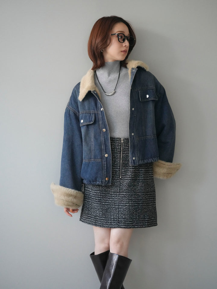 [予約]デニム×ファーステンカラーショートジャケット/blue