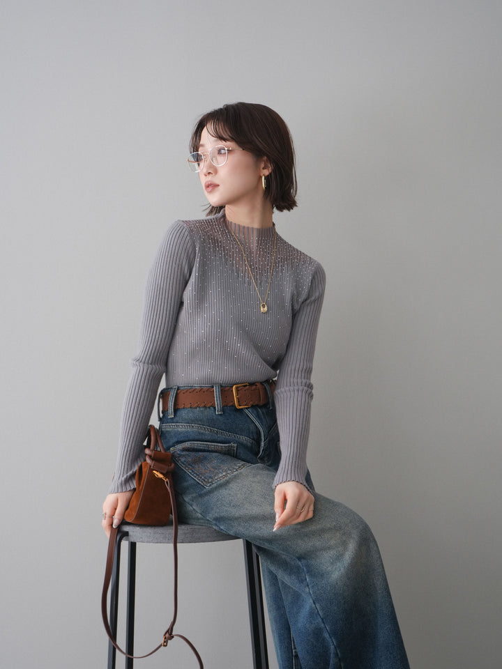 [予約]シアー切替スパンコールリブニットトップス/gray