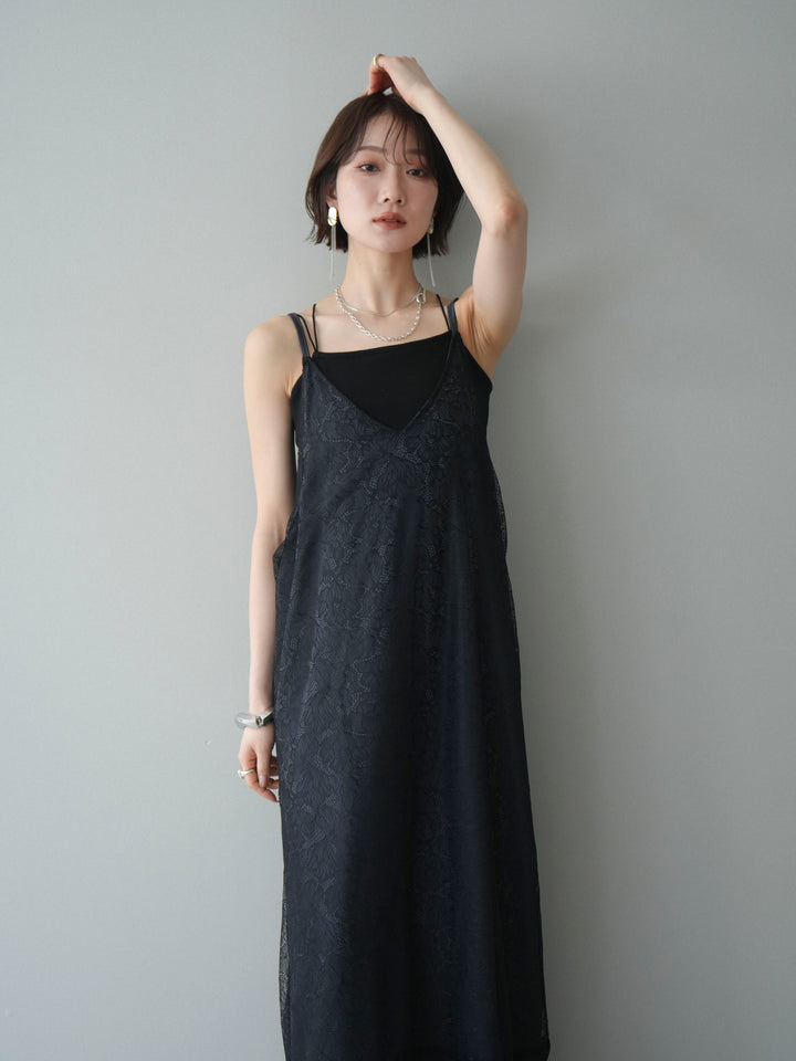 [予約]サテンレースレイヤードキャミワンピース/black