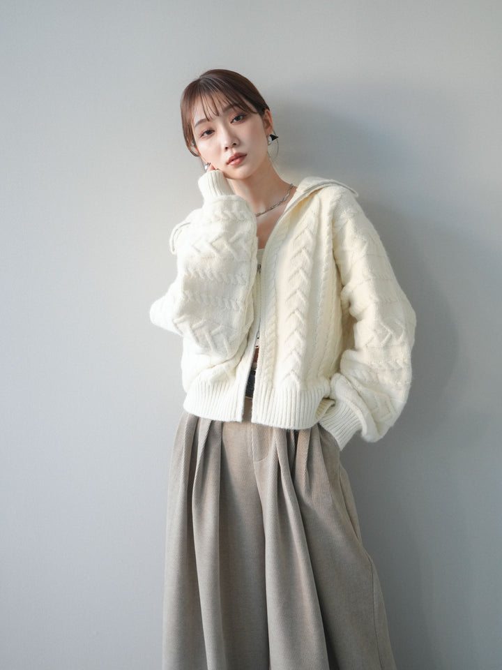 [SET]ケーブル編みハイネックZIPニットカーディガン+選べるアクセセット(2set)