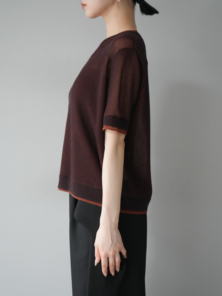 [SET]リネンタッチ配色二重臼ハーフニットトップス+ウエスト巻きデザインワイドパンツ(2set)