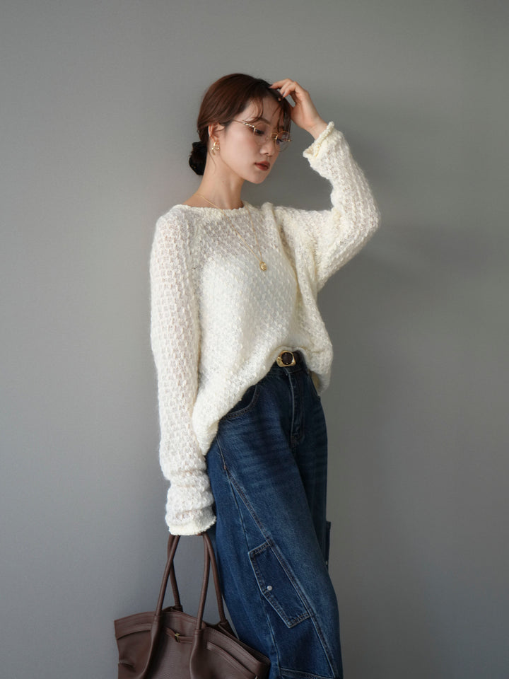 [予約]透かし編みモヘアタッチポコポコニットプルオーバー/ivory