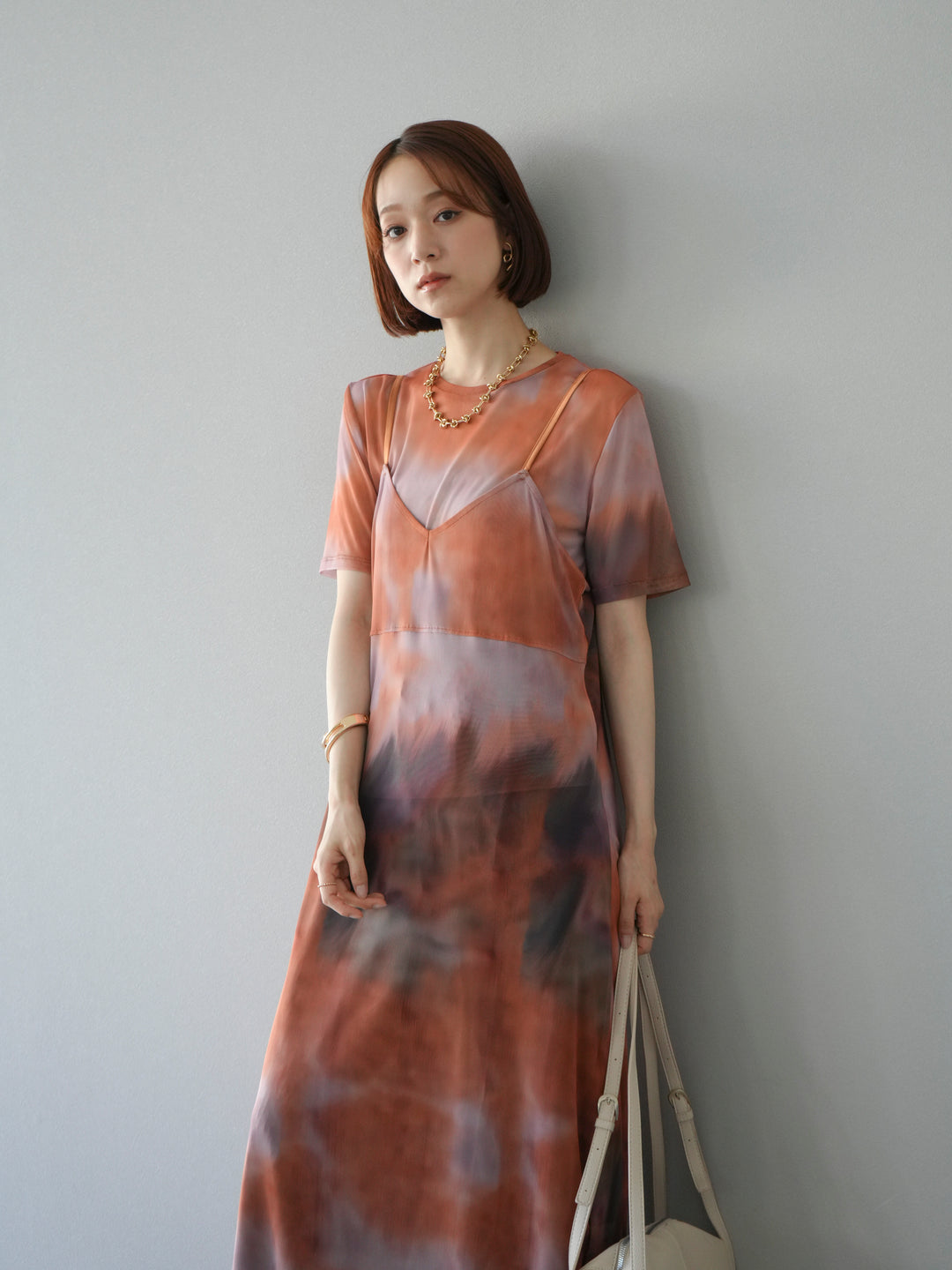 [予約タイダイ柄シアーキャミワンピース/オレンジ