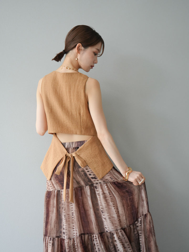 [SET]リネンタッチバックオープンベスト＆ニュアンス柄マキシスカートSET UP(2set)