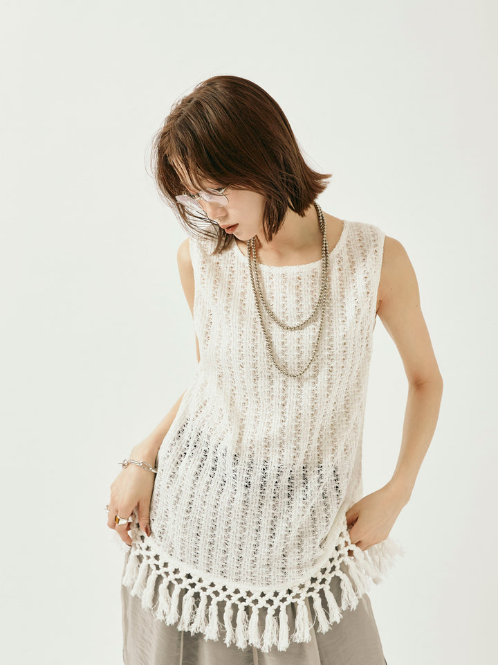 [予約]フリンジ透かし編みニットベスト/ホワイト