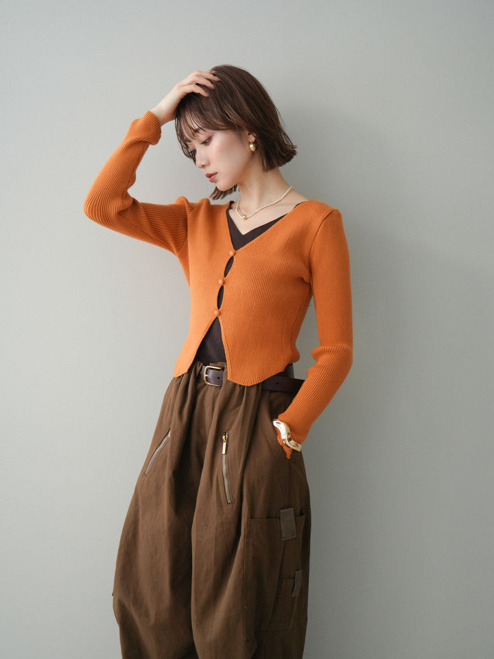 [予約]Vネック配色レイヤードスリットニットトップス/orange