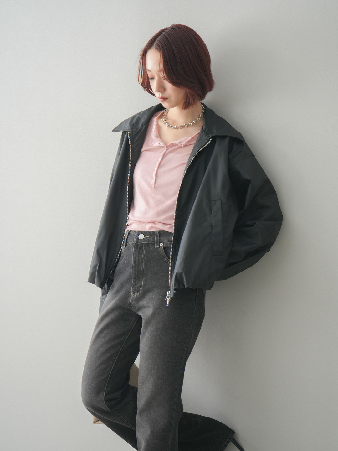 [予約]ウォッシャブルフェイクレザーバルーンジャケット/black