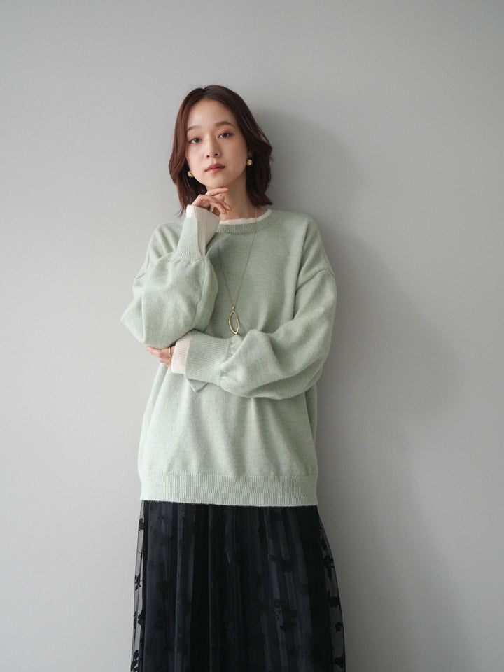 [SET]ヘンリーネック配色レイヤードニットプルオーバー+フラワーフロッキーチュールプリーツスカート(2set)