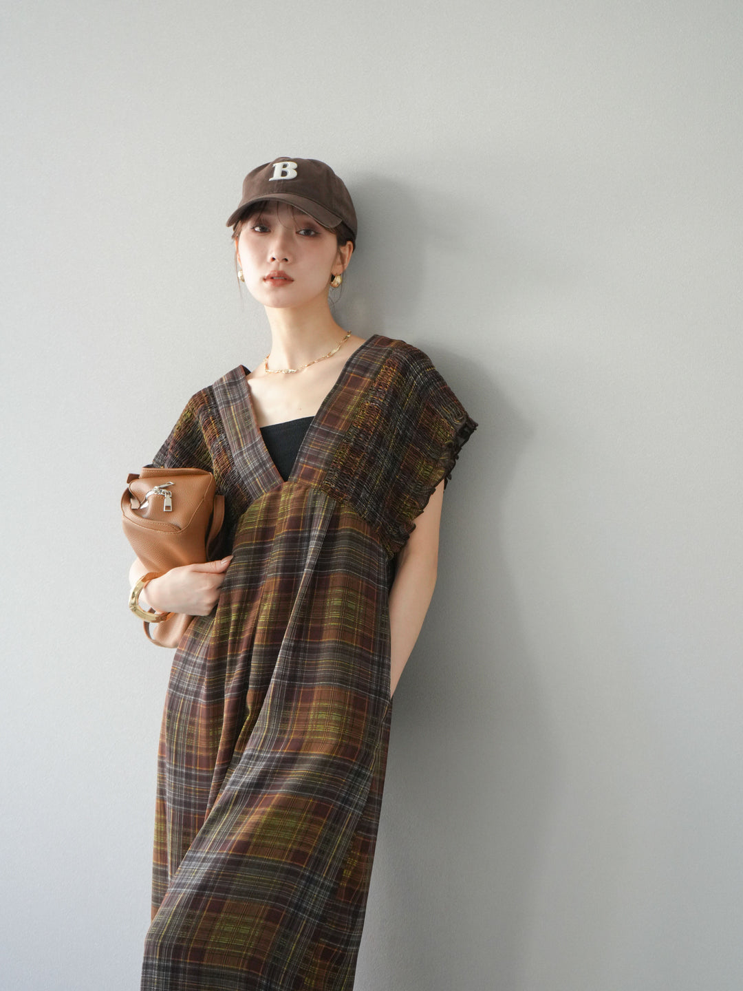 [予約]シアーチェックシャーリングサロペット/ブラウン
