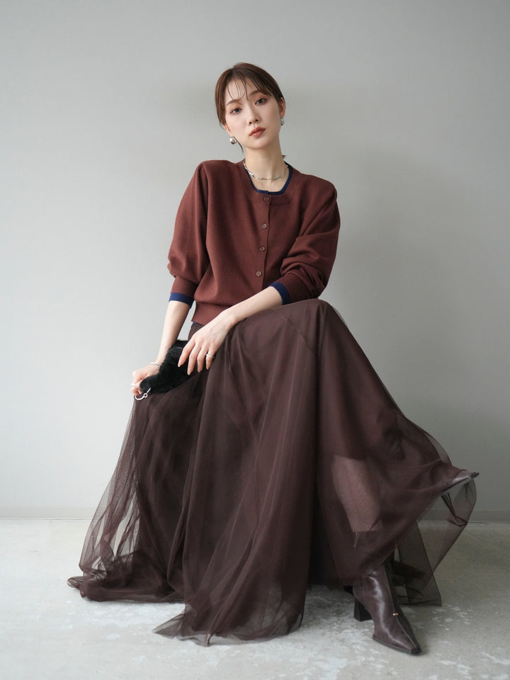 [SET]配色レイヤードカーディガン+チュールボリュームスカート(2set)