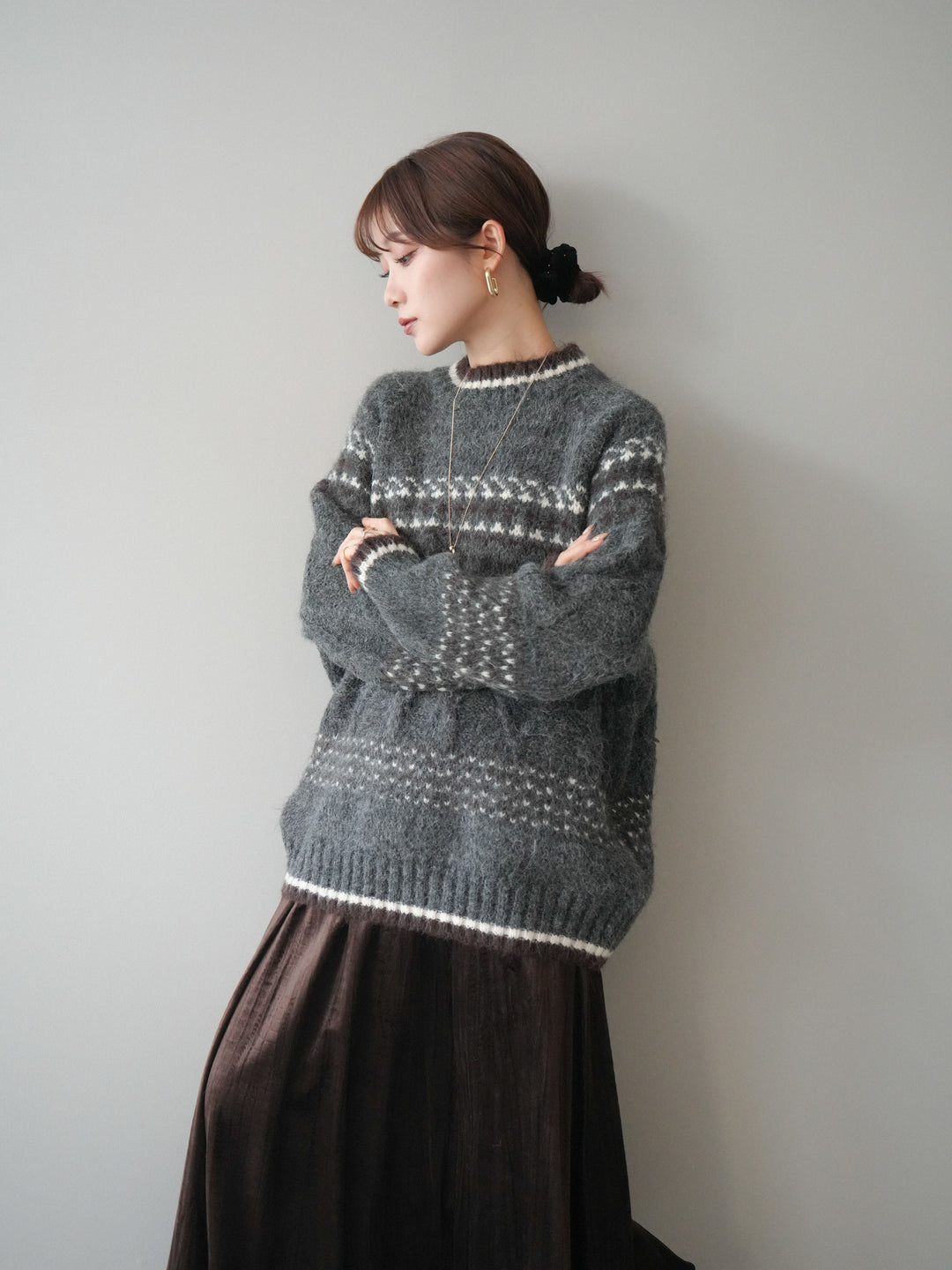 [予約]裾配色ノルディック柄ニットプルオーバー/gray