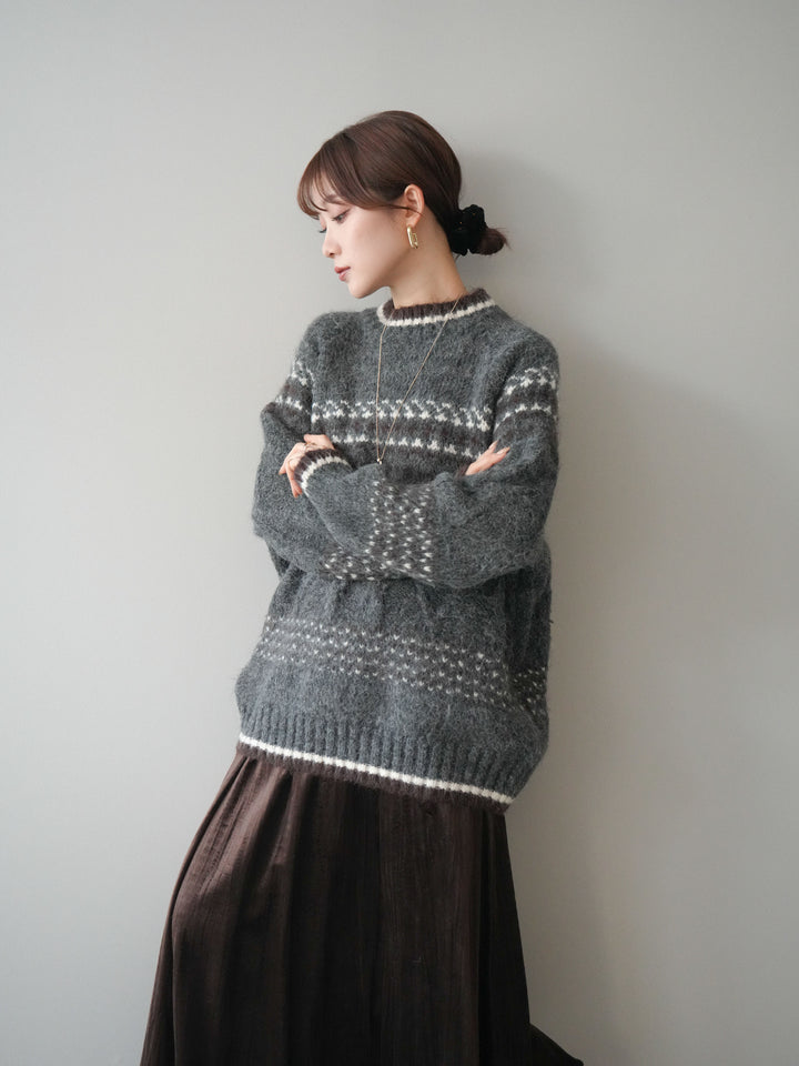 [予約]裾配色ノルディック柄ニットプルオーバー/gray