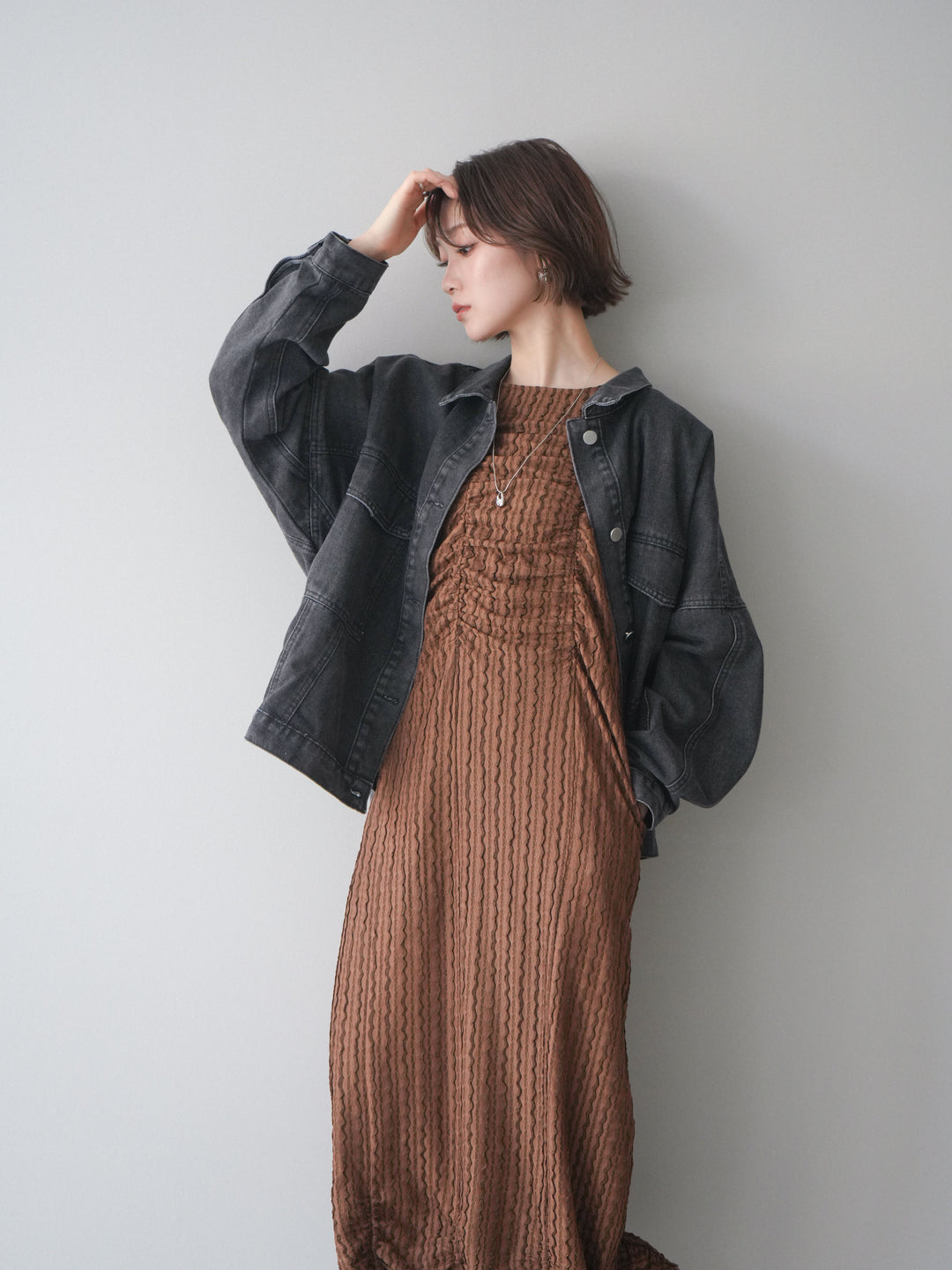 [予約]シャーリングジャガードノースリーブワンピース/brown